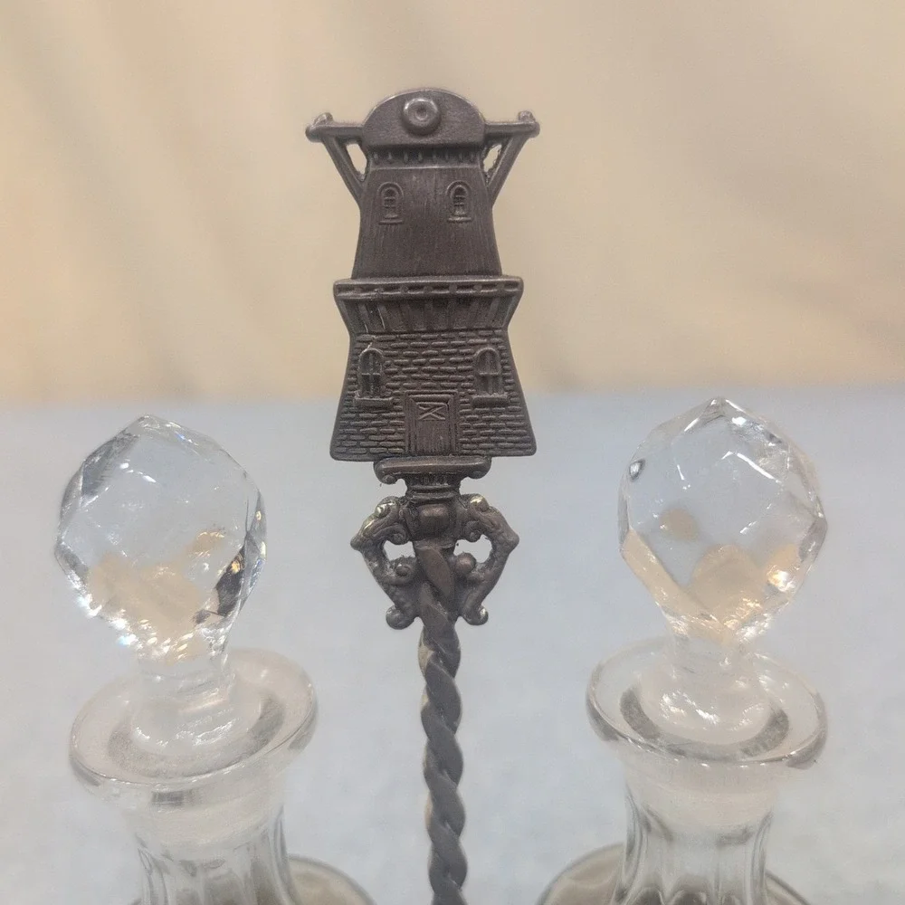 Vintage Dutch Windmill‎ Cruet Set Glass Bottles Ornate Metal Caddy Village Scene